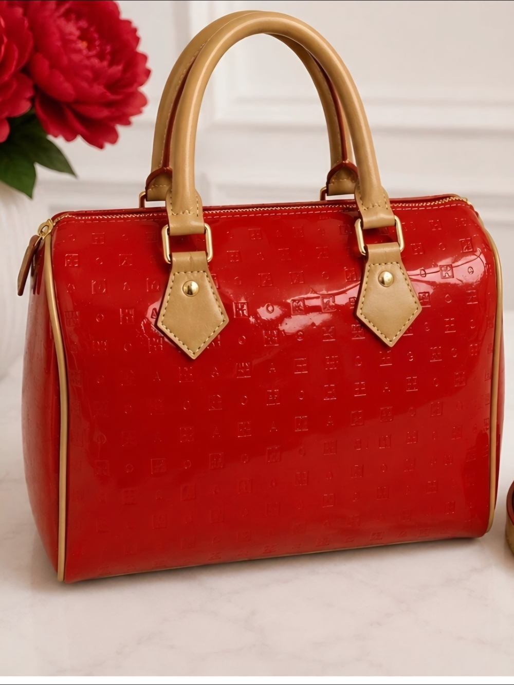 Arcadia Red Patent Tote with Tan Handles
